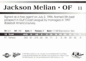 1998 Multi-Ad Greensboro Bats #11 Jackson Melian Back
