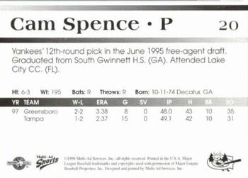 1998 Multi-Ad Greensboro Bats #20 Cam Spence Back