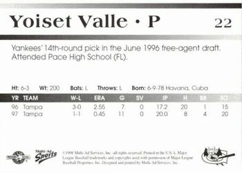 1998 Multi-Ad Greensboro Bats #22 Yoiset Valle Back