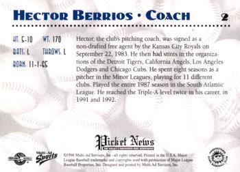 1998 Multi-Ad Hagerstown Suns #2 Hector Berrios Back
