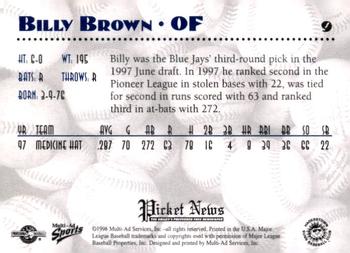 1998 Multi-Ad Hagerstown Suns #9 Billy Brown Back
