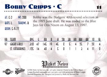 1998 Multi-Ad Hagerstown Suns #11 Bobby Cripps Back