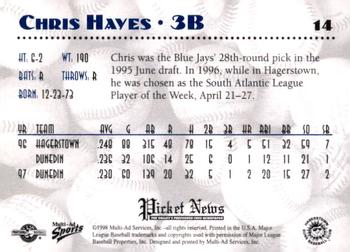 1998 Multi-Ad Hagerstown Suns #14 Chris Hayes Back
