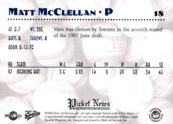 1998 Multi-Ad Hagerstown Suns #18 Matt McClellan Back