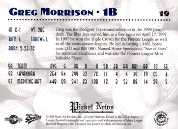 1998 Multi-Ad Hagerstown Suns #19 Greg Morrison Back