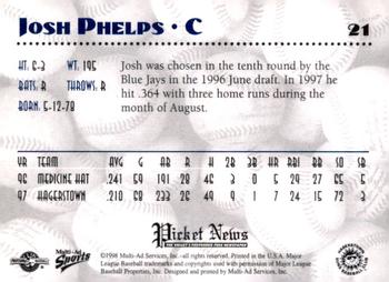 1998 Multi-Ad Hagerstown Suns #21 Josh Phelps Back