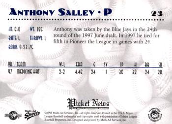 1998 Multi-Ad Hagerstown Suns #23 Anthony Salley Back