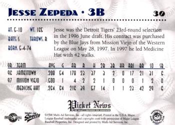 1998 Multi-Ad Hagerstown Suns #30 Jesse Zepeda Back