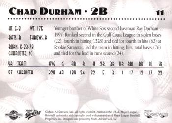 1998 Multi-Ad Hickory Crawdads #11 Chad Durham Back