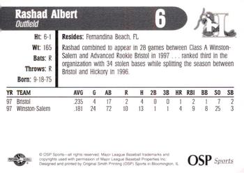 1998 OSP Sports Hickory Crawdads #6 Rashad Albert Back