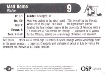 1998 OSP Sports Hickory Crawdads #9 Matt Borne Back