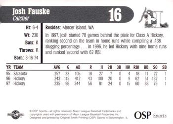 1998 OSP Sports Hickory Crawdads #16 Josh Fauske Back