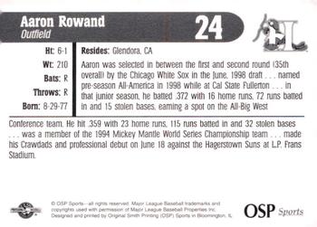 1998 OSP Sports Hickory Crawdads #24 Aaron Rowand Back