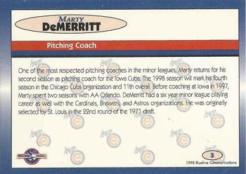 1998 Blueline Q-Cards Iowa Cubs #3 Marty DeMerritt Back
