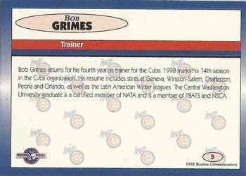 1998 Blueline Q-Cards Iowa Cubs #5 Bob Grimes Back