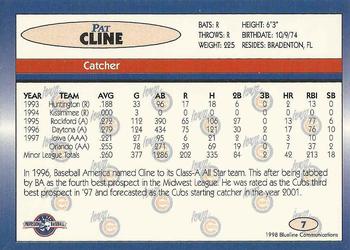 1998 Blueline Q-Cards Iowa Cubs #7 Pat Cline Back