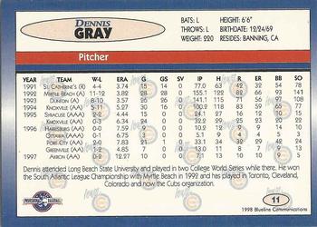 1998 Blueline Q-Cards Iowa Cubs #11 Dennis Gray Back