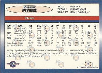 1998 Blueline Q-Cards Iowa Cubs #18 Rodney Myers Back