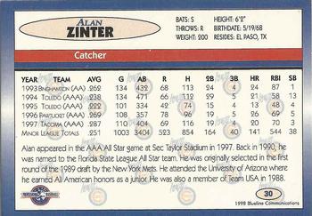1998 Blueline Q-Cards Iowa Cubs #30 Alan Zinter Back