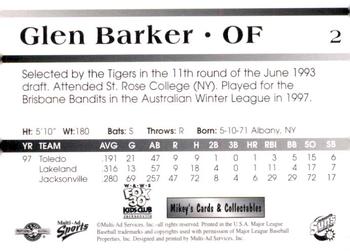 1998 Multi-Ad Jacksonville Suns #2 Glen Barker Back