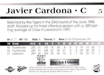 1998 Multi-Ad Jacksonville Suns #5 Javier Cardona Back