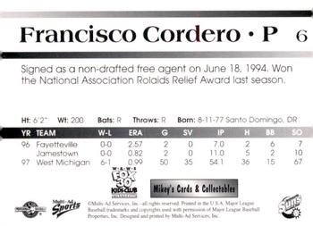 1998 Multi-Ad Jacksonville Suns #6 Francisco Cordero Back