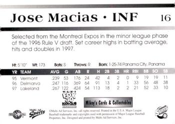 1998 Multi-Ad Jacksonville Suns #16 Jose Macias Back