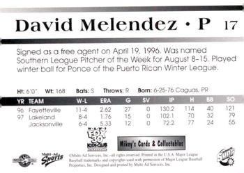 1998 Multi-Ad Jacksonville Suns #17 David Melendez Back