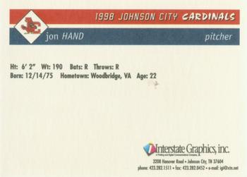 1998 Johnson City Cardinals #NNO Jon Hand Back