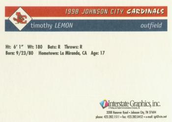 1998 Johnson City Cardinals #NNO Timothy Lemon Back