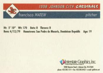 1998 Johnson City Cardinals #NNO Francisco Matew Back
