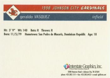 1998 Johnson City Cardinals #NNO Geraldo Vasquez Back