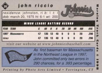 1998 Warning Track Johnstown Johnnies #20 John Riccio Back