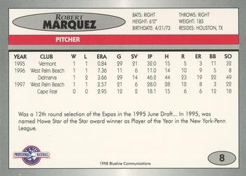 1998 Blueline Q-Cards Jupiter Hammerheads #8 Robert Marquez Back