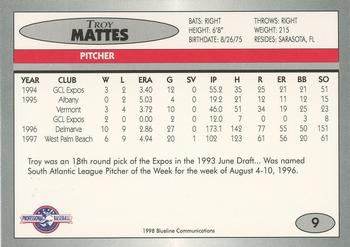 1998 Blueline Q-Cards Jupiter Hammerheads #9 Troy Mattes Back