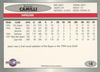1998 Blueline Q-Cards Jupiter Hammerheads #18 Jason Camilli Back