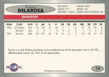 1998 Blueline Q-Cards Jupiter Hammerheads #19 Tomas Delarosa Back