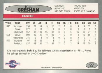 1998 Blueline Q-Cards Jupiter Hammerheads #27 Kris Gresham Back