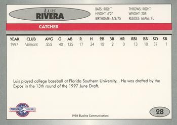 1998 Blueline Q-Cards Jupiter Hammerheads #28 Luis Rivera Back