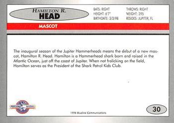 1998 Blueline Q-Cards Jupiter Hammerheads #30 Hamilton R. Head Back
