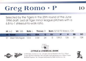 1998 Multi-Ad Lakeland Tigers #10 Greg Romo Back