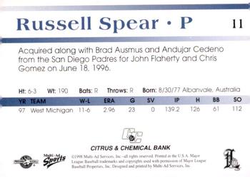 1998 Multi-Ad Lakeland Tigers #11 Russell Spear Back