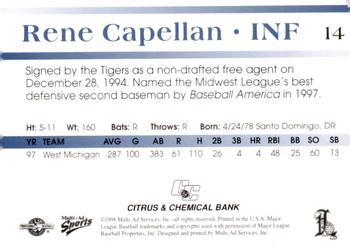 1998 Multi-Ad Lakeland Tigers #14 Rene Capellan Back