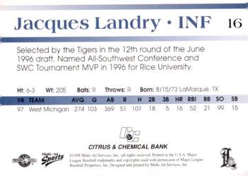 1998 Multi-Ad Lakeland Tigers #16 Jacques Landry Back