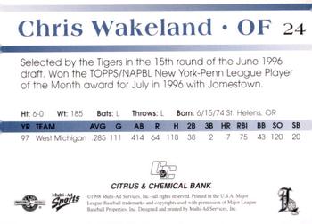 1998 Multi-Ad Lakeland Tigers #24 Chris Wakeland Back