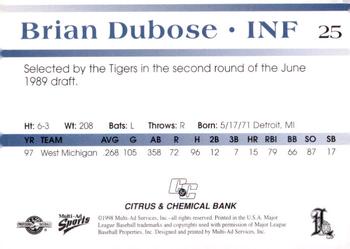 1998 Multi-Ad Lakeland Tigers #25 Brian Dubose Back