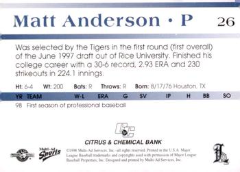 1998 Multi-Ad Lakeland Tigers #26 Matt Anderson Back