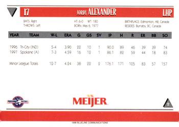 1998 Blueline Q-Cards Lansing Lugnuts #2 Jordy Alexander Back