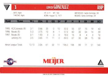 1998 Blueline Q-Cards Lansing Lugnuts #6 Edwin Gonzalez Back