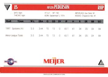 1998 Blueline Q-Cards Lansing Lugnuts #11 Justin Pederson Back